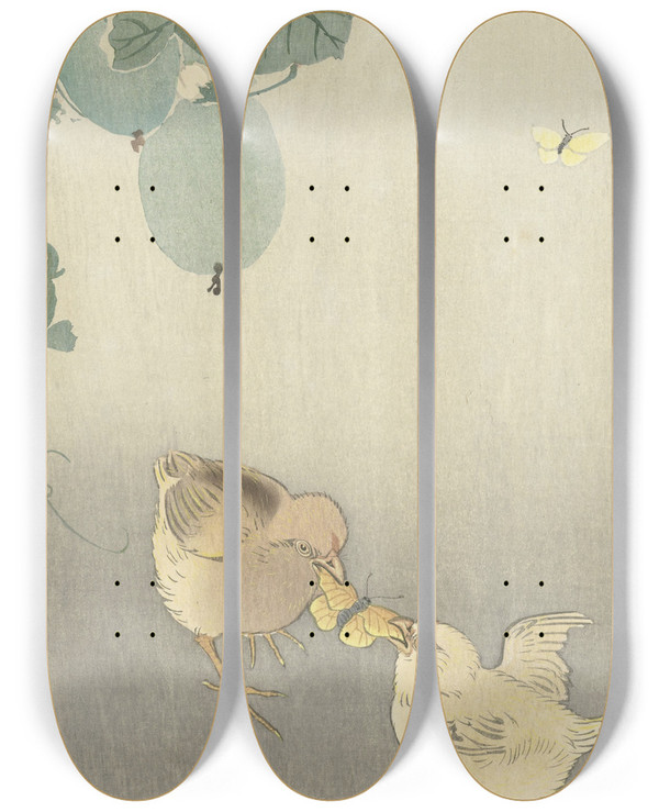 Triptych art skateboard deck of Ohara Koson Two Chicks Fighting For Butterfly by Ohara Koson (1877-1945)