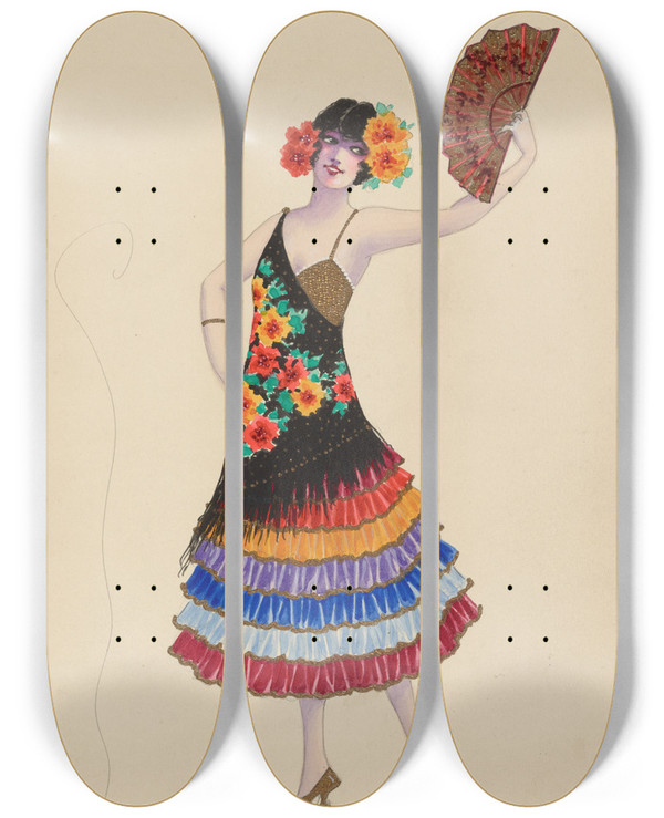 Triptych art skateboard deck of Will R Barnes 111Spanish Girls by Will R Barnes (1939)