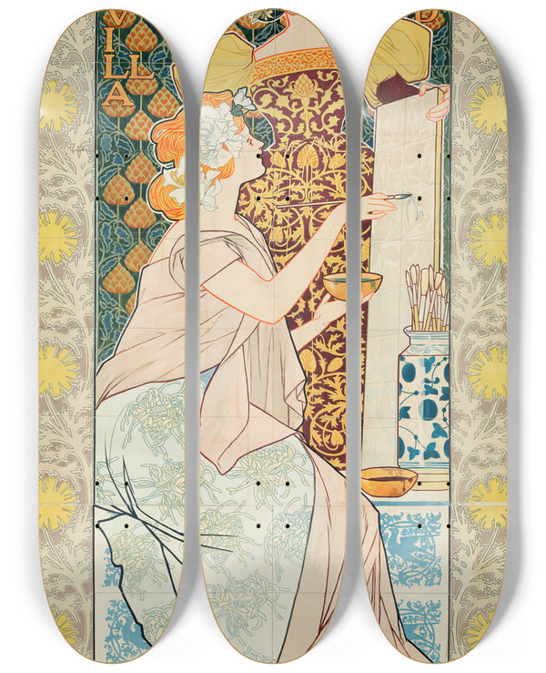 Triptych art skateboard deck of Alexandre De Riquer Mosaicos Escofettejera Y Ca by Alexandre de Riquer (1856-1920)