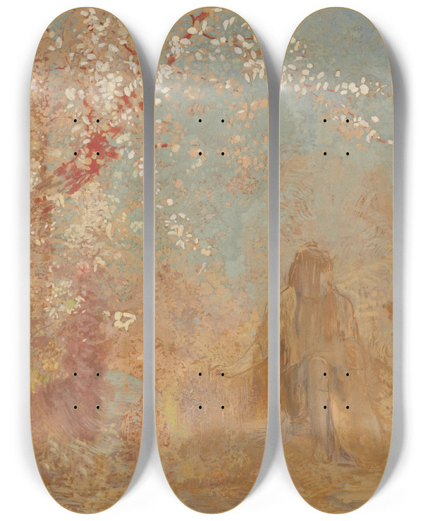 Triptych art skateboard deck of Odilon Redon Figure Under A Blossoming Tree by Odilon Redon (1840-1916)