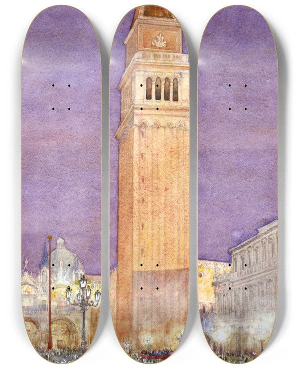 Triptych art skateboard deck of Cass Gilbert Bell Tower St Marks Square Venice by Cass Gilbert (1859-1934)