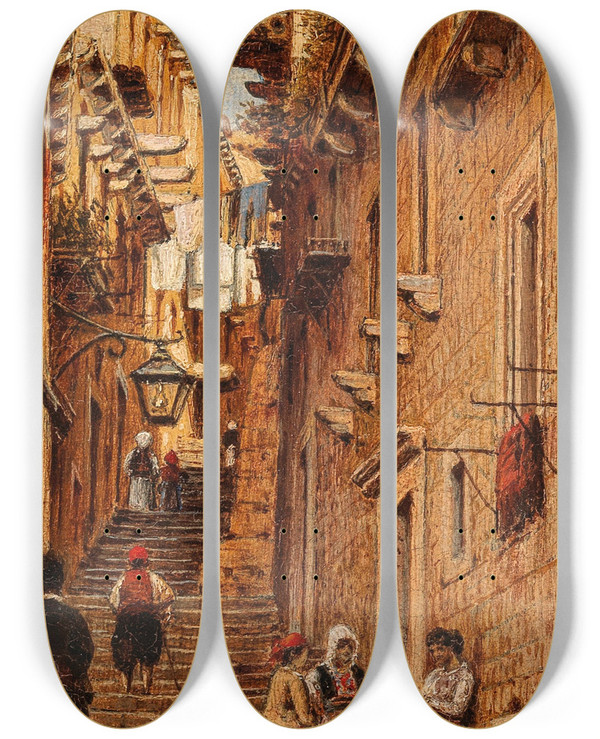 Triptych art skateboard deck of Anton Perko Strasse In Ragusa by Anton Perko (1833-1905)