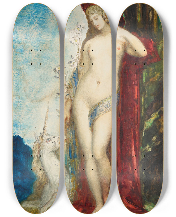 Triptych art skateboard deck of Gustave Moreau Femme Et Licorne by Gustave Moreau (1826-1898)