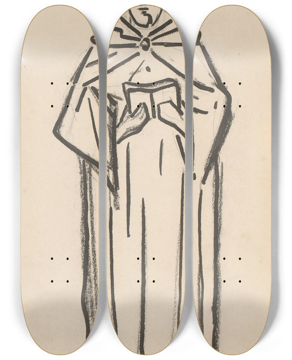 Triptych art skateboard deck of Reinier Willem Petrus De Vries Monnik Met Boek by Reinier Willem Petrus De Vries (1874-1952)