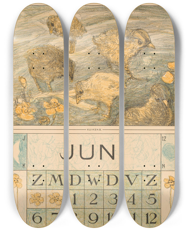 Triptych art skateboard deck of Theo Van Hoytema Kalenderblad Juni Met Kuikens by Theo Van Hoytema (1863-1917)