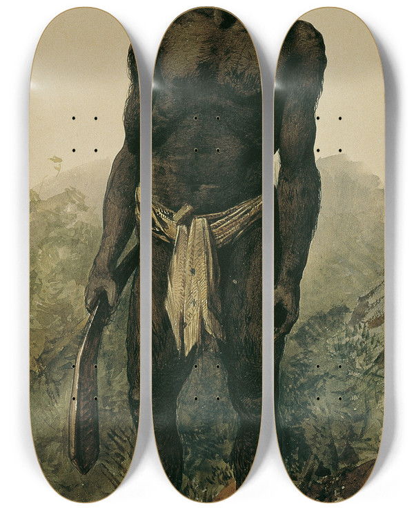 Triptych art skateboard deck of Joseph Selleny Eingeborener Mit Bumerang Aus Woolongong Wollongong Australien by Joseph Selleny (1824-1875)