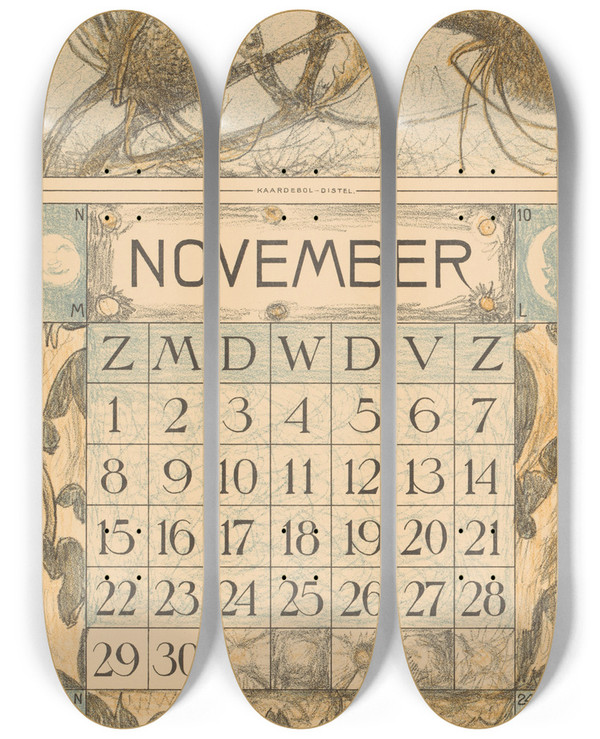 Triptych art skateboard deck of Theo Van Hoytema Kalenderblad November Met Distel by Theo Van Hoytema (1863-1917)