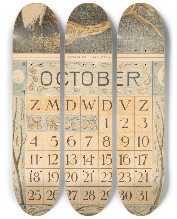Triptych art skateboard deck of Theo Van Hoytema Kalenderblad Oktober Met Reiger In De Regen by Theo Van Hoytema (1863-1917)