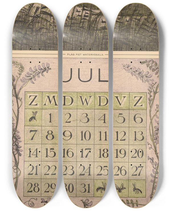 Triptych art skateboard deck of Theo Van Hoytema Kalenderblad Juli Met Landschap Met Vogels by Theo Van Hoytema (1863-1917)