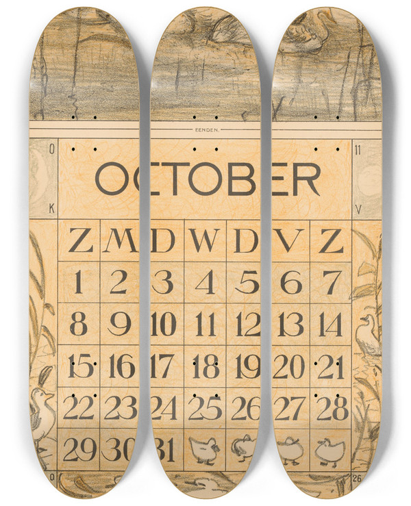 Triptych art skateboard deck of Theo Van Hoytema Kalenderblad Oktober Met Eenden by Theo Van Hoytema (1863-1917)