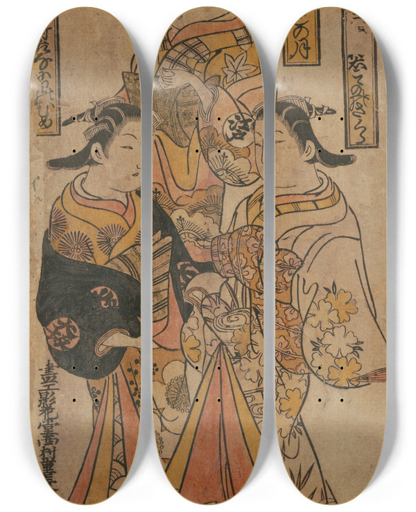 Triptych art skateboard deck of Nishimura Shigenaga Three Beauties Of The Period by Nishimura Shigenaga (1697-1756)