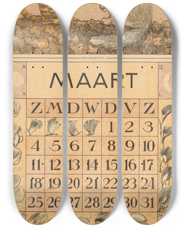 Triptych art skateboard deck of Theo Van Hoytema Kalenderblad Maart Met Twee Katten by Theo Van Hoytema (1863-1917)