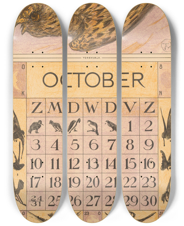Triptych art skateboard deck of Theo Van Hoytema Kalenderblad Oktober Met Torenvalk by Theo Van Hoytema (1863-1917)