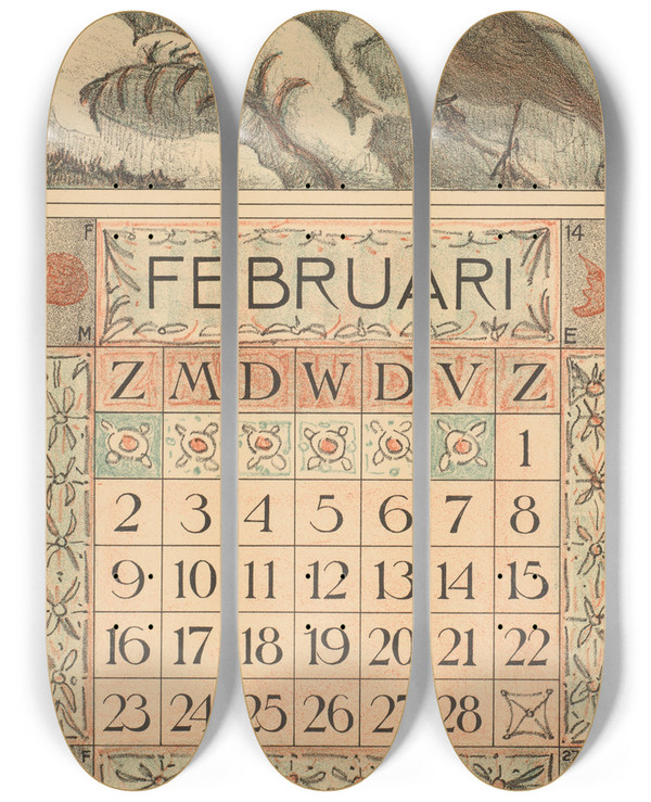 Triptych art skateboard deck of Theo Van Hoytema Kalenderblad Voor Februari 1913 Met Een Roodborstje Op Een Besneeuwde Boomtak by Theo Van Hoytema (1863-1917)