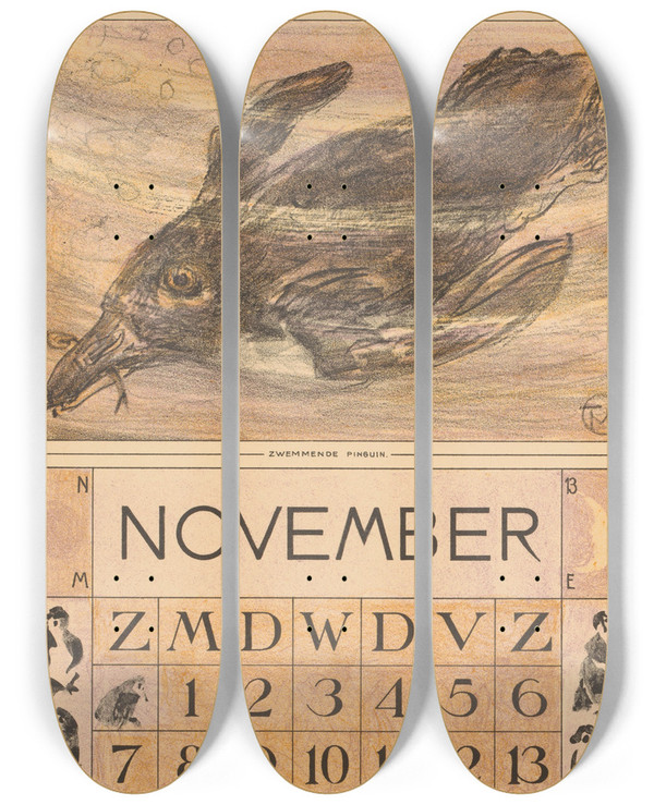 Triptych art skateboard deck of Theo Van Hoytema Kalenderblad November Met Zwemmende Pingun by Theo Van Hoytema (1863-1917)