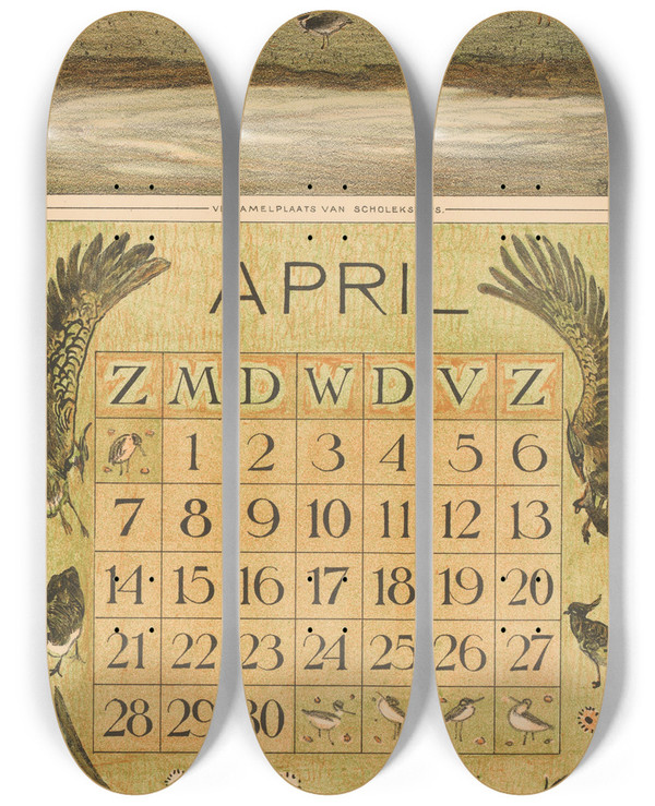 Triptych art skateboard deck of Theo Van Hoytema Kalenderblad April Met Scholeksters En Kieviten by Theo Van Hoytema (1863-1917)