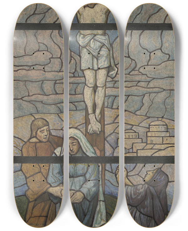 Triptych art skateboard deck of Wilhelm Ss Crucified Christ by Wilhelm Sus (1861-1933)