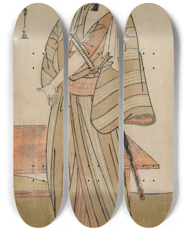 Triptych art skateboard deck of Katsukawa Shunsh Ichikawa Yaozo Ii As A Otokodate Standing By A Bench by Katsukawa Shunsho (1726-1792)