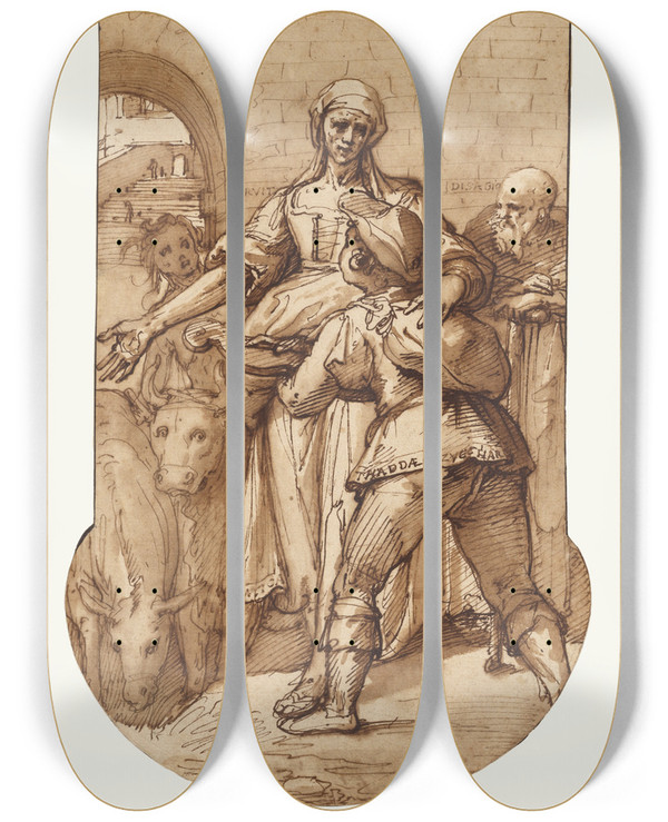 Triptych art skateboard deck of Federico Zuccaro Taddeo At The Entrance To Rome Greeted By Toil Servitude And Hardship And By Obedience And Patience The Ass And Ox by Federico Zuccaro (1542-1609)