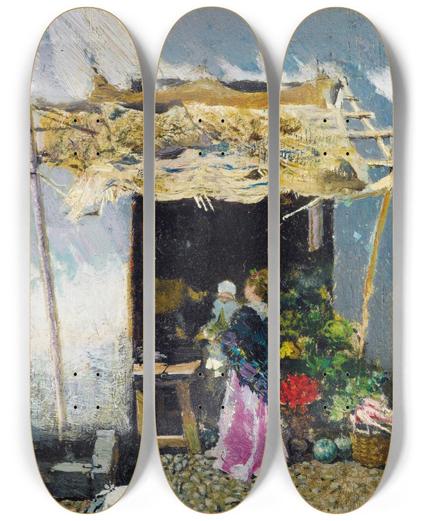 Triptych art skateboard deck of Mariano Fortuny Marsal Jeune Femme La Jupe Lilas Devant Une Choppe De Lgumes by Mariano Fortuny Marsal (1838-1874)