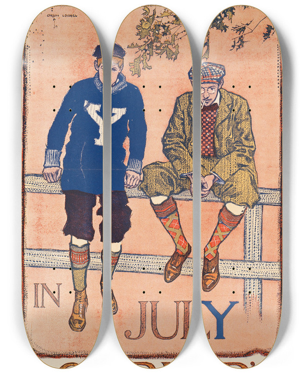 Triptych art skateboard deck of Orson Lowell Life At Yale In July Scribners by Orson Lowell (1871-1956)