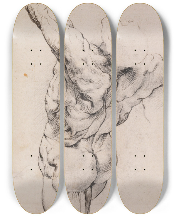Triptych art skateboard deck of Willem Panneels Anatomical Study Corch Standing Flayed Man Seen From The Back Half Turned To The Left His Left Arm Raised by Willem Panneels (1600-1634)
