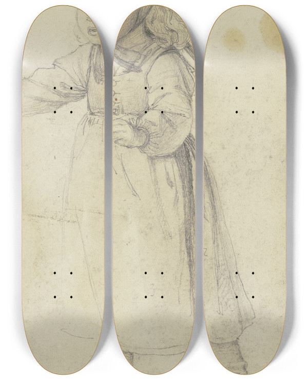 Triptych art skateboard deck of Jakob Becker Little Farmgirl_2 by Jakob Becker (1810-1872)