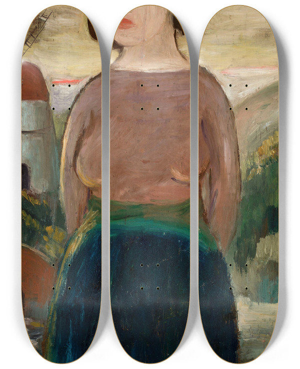 Triptych art skateboard deck of Tadeusz Makowski Girl Against The Background Of A Landscape With A Windmill by Tadeusz Makowski (1882-1932)