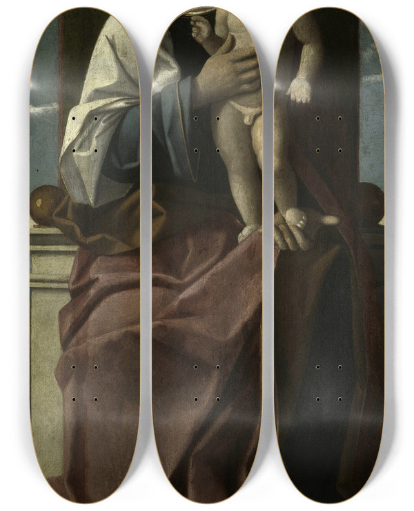 Triptych art skateboard deck of Girolamo Da Santacroce Virgin And Child Enthroned by Girolamo Da Santacroce (1490-1556)