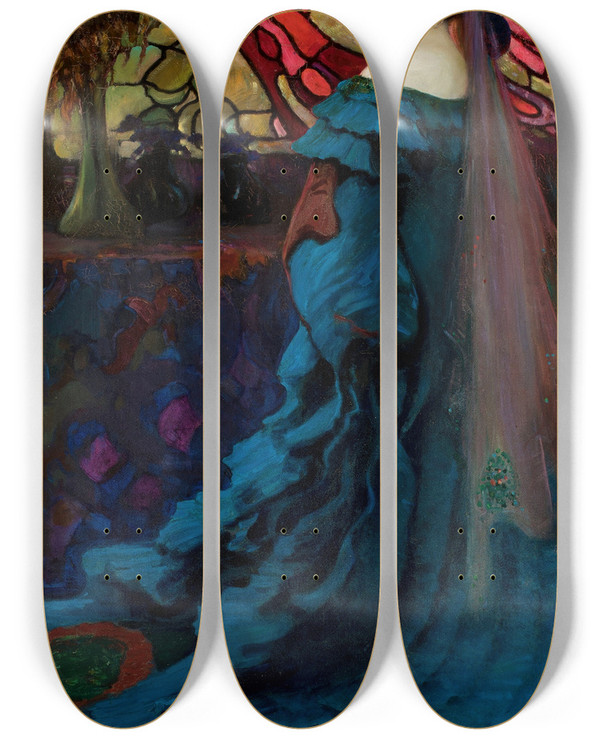 Triptych art skateboard deck of Kazimierz Stabrowski Peacock Portrait Of Zofia Boruciska Ne Jakimowicz by Kazimierz Stabrowski (1869-1929)