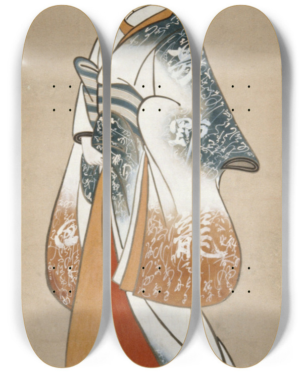 Triptych art skateboard deck of Takizawa Shigenobu Standing Prostitute Wearing A Kimono Decorated With Calligraphy by Takizawa Shigenobu (1720-1740)