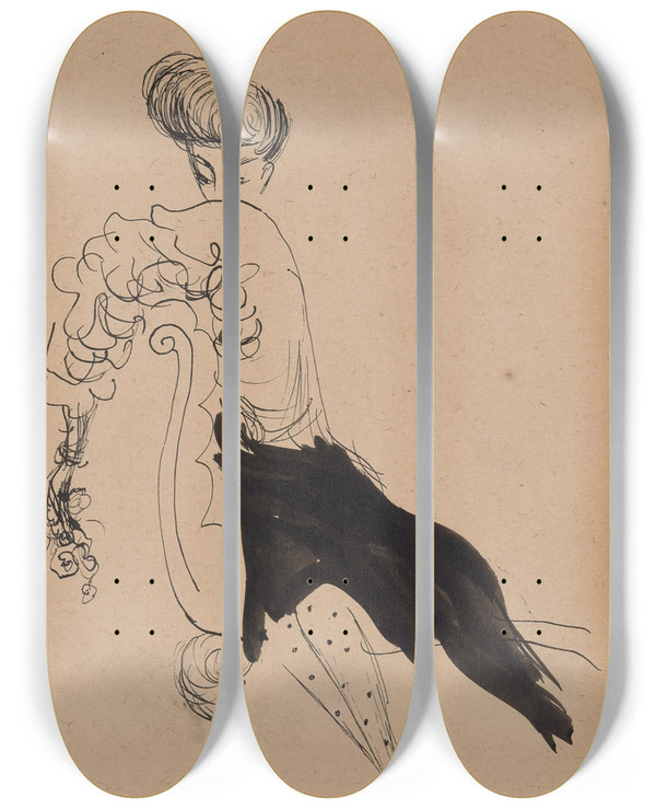 Triptych art skateboard deck of William James Glackens Portrait Of Janet Braguin In The Style Of Giovanniboldini by William James Glackens (1870-1938)
