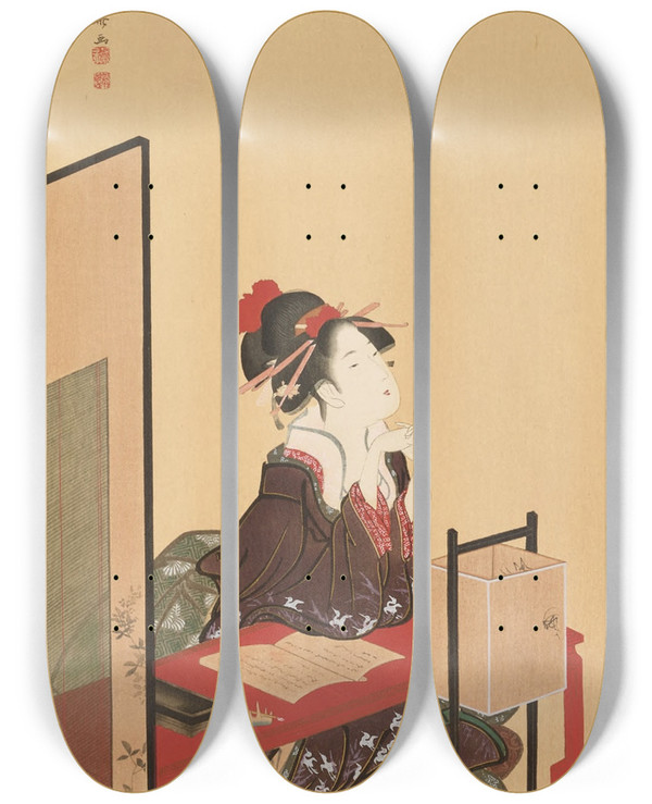 Triptych art skateboard deck of Shiichi Tajima Masterpieces Selected From The Ukiyoye School Pl37 by Shiichi Tajima (1869-1920)