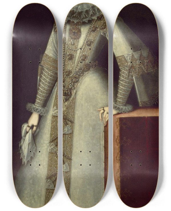 Triptych art skateboard deck of Juan Pantoja De La Cruz Portrait Of Margaret Of Austria 15841611 Queen Of Spain by Juan Pantoja de la Cruz (1553-1608)