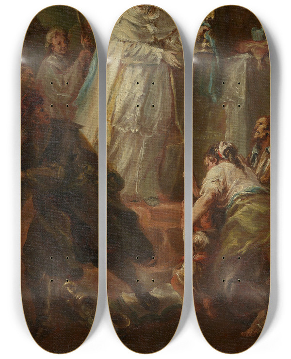 Triptych art skateboard deck of Johann Georg Baumgartner Sakramentswunder Ein Priester Vertreibt Einen Ketzer Mit Dem Emporgehobenen Allerheiligsten Vom Altar by Johann Georg Baumgartner (1710-1773)