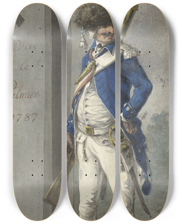 Triptych art skateboard deck of Dirk Langendijk Uniform Van Het Rotterdamsch Genootschap Van Wapenhandel De Palmboom by Dirk Langendijk (1748-1805)