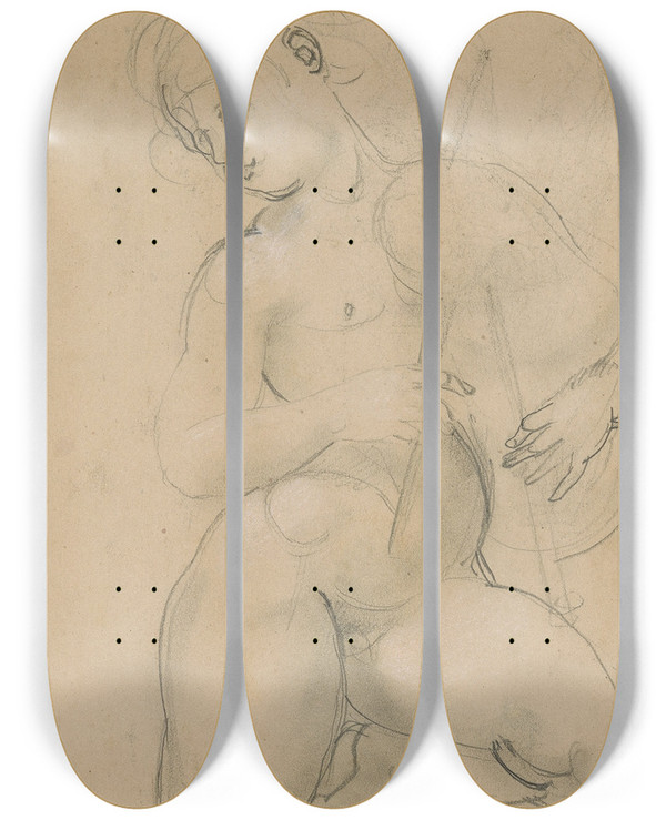 Triptych art skateboard deck of Paul Baudry Three Studies Of A Nude Holding A Bagpipe by Paul Baudry