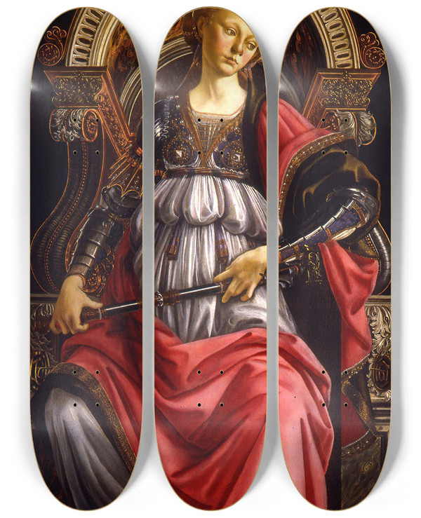 Triptych art skateboard deck of Sandro Botticelli Fortitude by Sandro Botticelli (1444-1510)