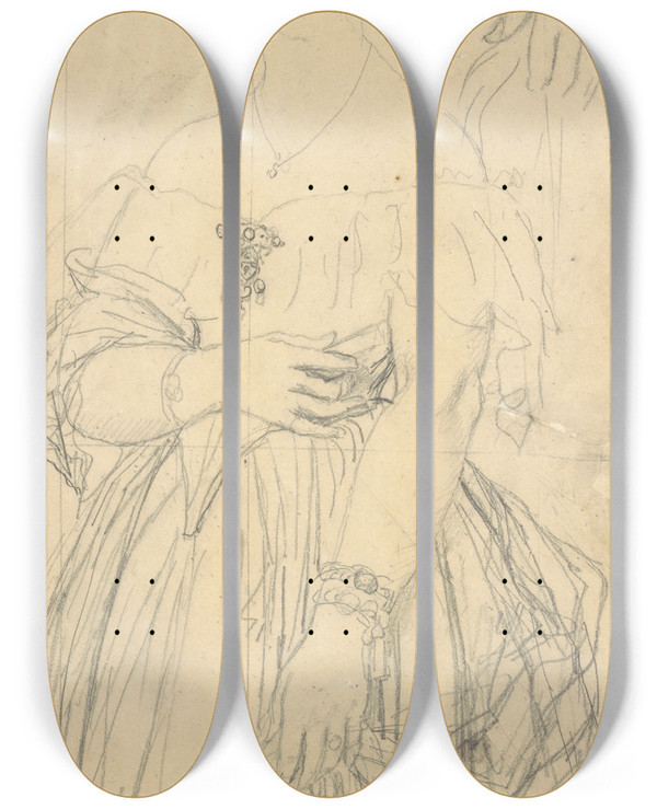 Triptych art skateboard deck of Jean Auguste Dominique Ingres Study For The Dress And The Hands Of Madame Moitessier by Jean Auguste Dominique Ingres (1780-1867)