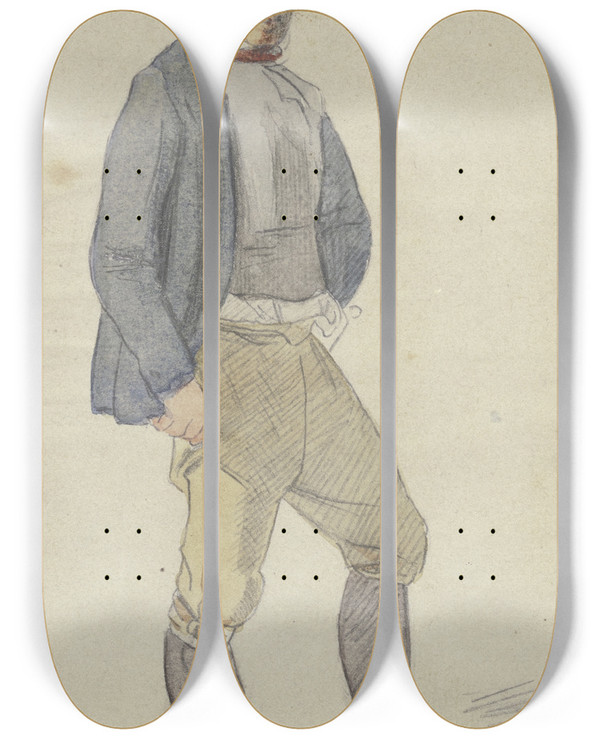Triptych art skateboard deck of Hugo Kauffmann Bauer In Kurzen Hosen Und Mit Breitem Hut by Hugo Kauffmann (1844-1915)