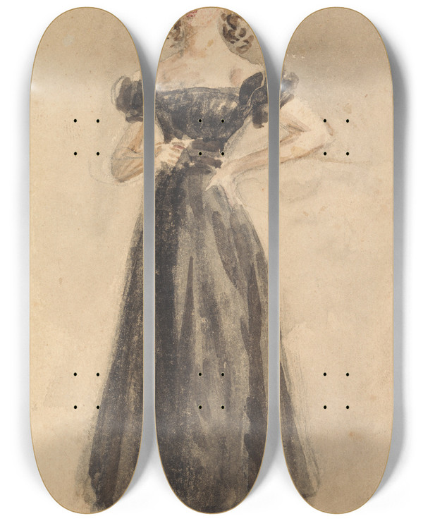 Triptych art skateboard deck of William Henry Hunt Study Of A Young Girl With Ringlets In A Black Evening Dress by William Henry Hunt (1790-1864)