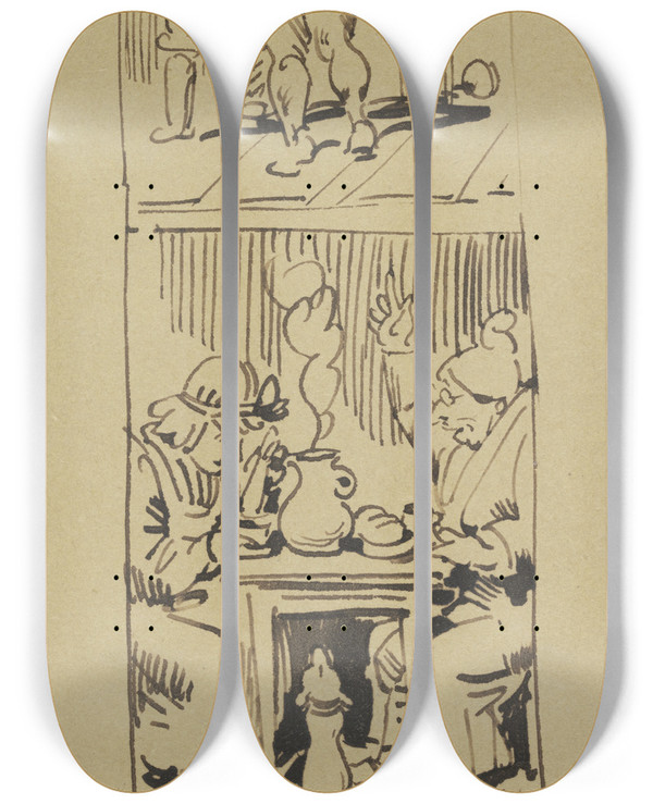 Triptych art skateboard deck of Wilhelm Busch Derweil Sitzt Unten Beim Kaffee Herr Meck Und Deutet In Die Hh by Wilhelm Busch (1832-1908)