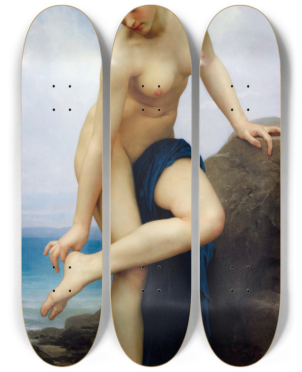 Triptych art skateboard deck of William Bouguereau After The Bath by William Bouguereau (1825-1905)