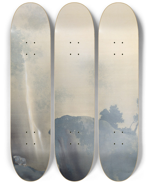 Triptych art skateboard deck of Yokoyama Taikan Towing A Boat by Yokoyama Taikan