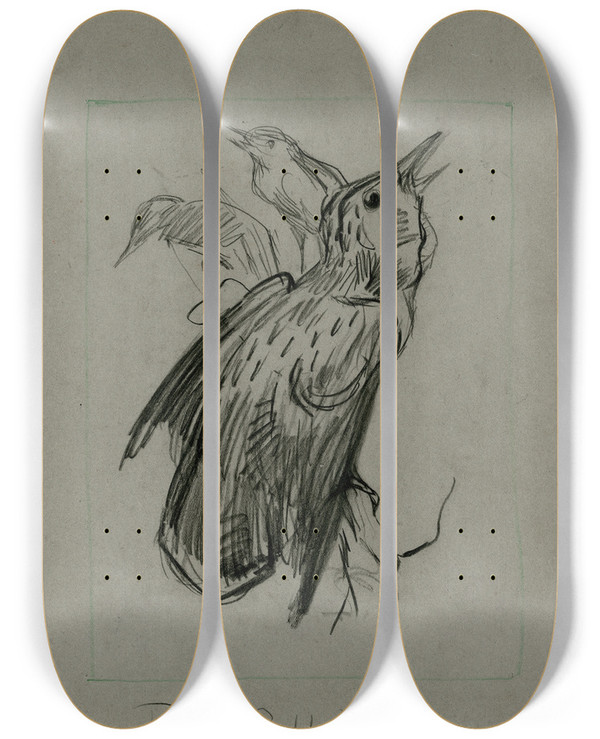 Triptych art skateboard deck of Theo Van Hoytema Spreeuw Februari by Theo Van Hoytema (1863-1917)
