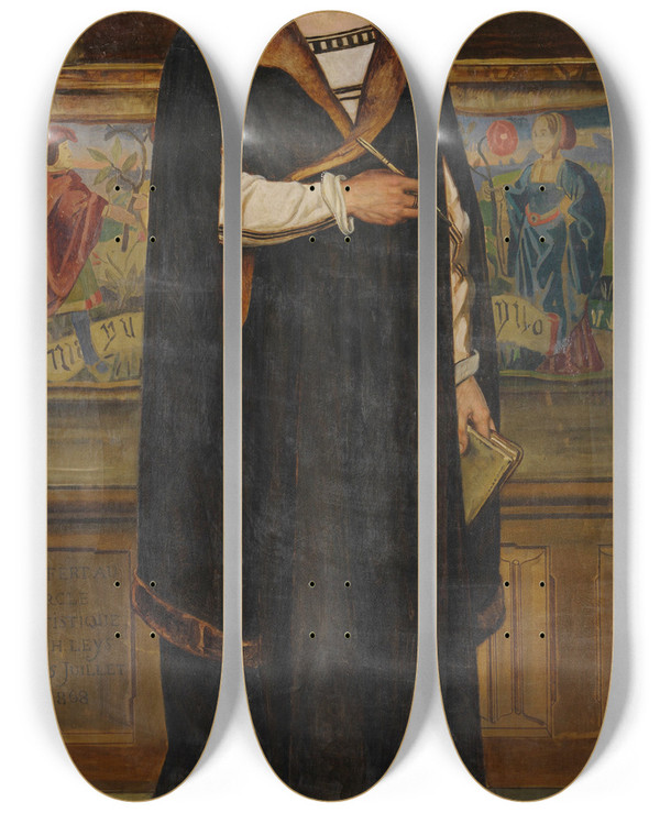 Triptych art skateboard deck of Jan August Hendrik Leys The Painter Quinten Massijs by Jan August Hendrik Leys (1815-1869)