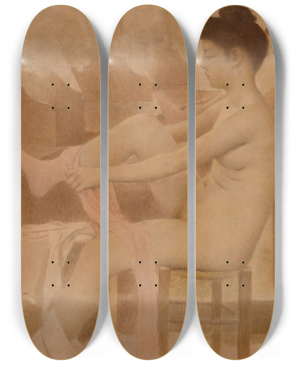 Triptych art skateboard deck of Fernand Pelez Danseuse Dans Sa Loge Enfilant Un Collant by Fernand Pelez (1843-1913)