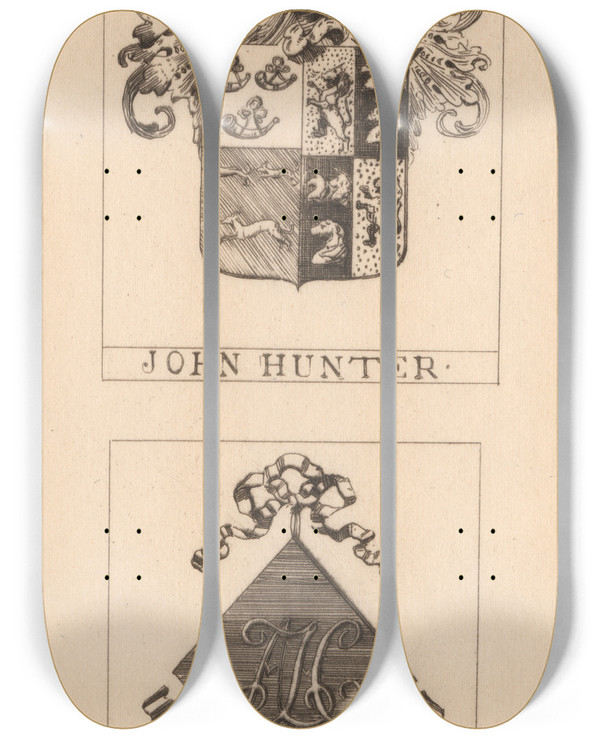 Triptych art skateboard deck of David Young Cameron John Hunters Book Plate With Armorial Bearings And Mrs Hunters Book Plate With Her Monogram by David Young Cameron (1865-1945)