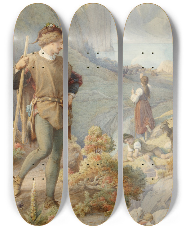Triptych art skateboard deck of Leopold Bode Illustration Zu Schillers Berglied Rechter Teil by Leopold Bode (1831-1906)