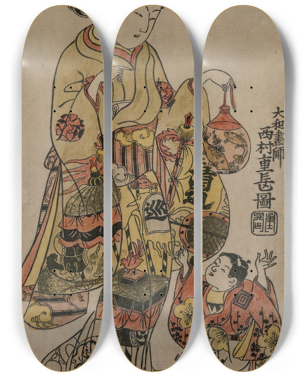 Triptych art skateboard deck of Nishimura Shigenaga Child Reaching For A Fishbowl by Nishimura Shigenaga (1697-1756)